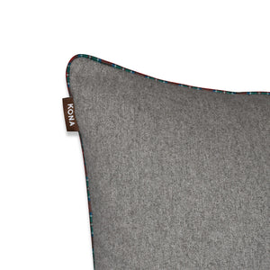 KONA CAVE® Decorative pillow covers, grey flannel with tartan plaid trim.