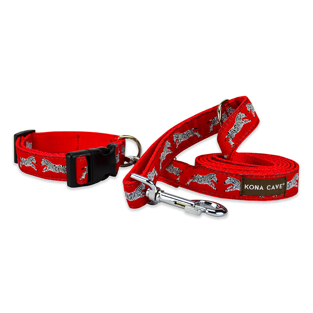 KONA CAVE® Dog Walk Adjustable Collar and Leash Set in Red with Zebras