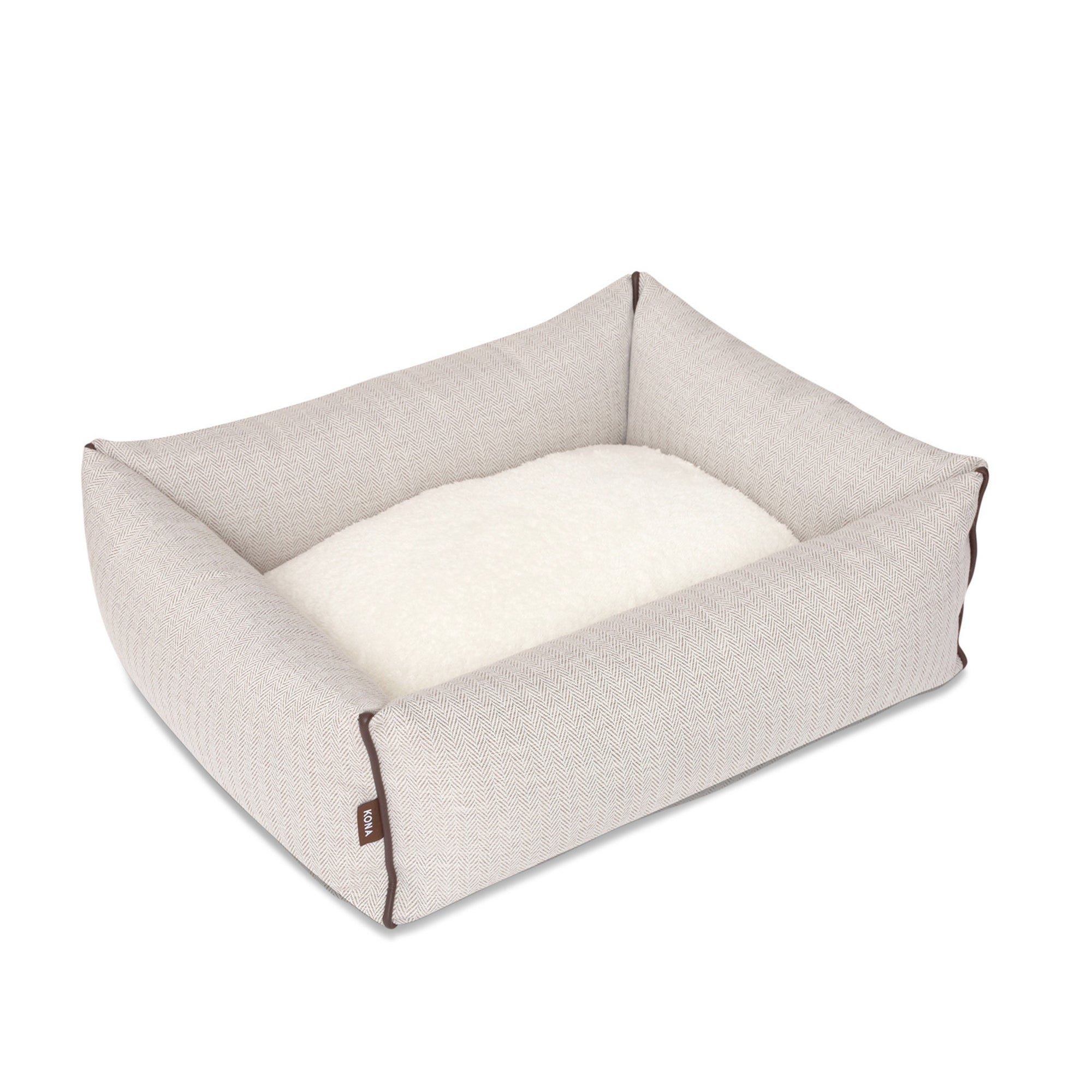 KONA CAVE® luxury bolster dog bed in elegant cream herringbone fabric. Schönes Hundebett.