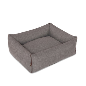 KONA CAVE® luxury dog bed in elegant herringbone fabric with leather trim.  Graues Hundebett.