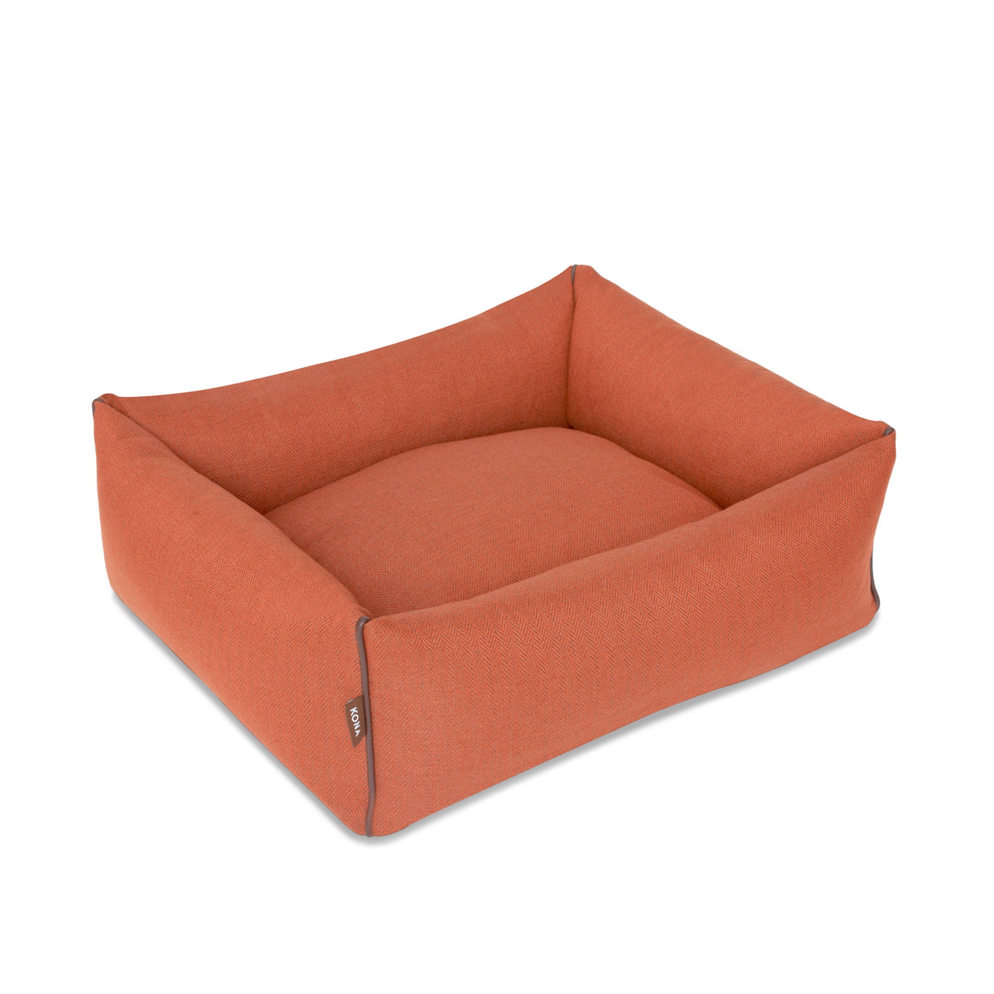 KONA CAVE® designer dog bed in elegant orange herringbone fabric with leather trim.
