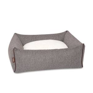 KONA CAVE® designer snuggle cave dog bed in luxury fabric. Grey covered dog bed with bolster bed base. Höhle Hundebett