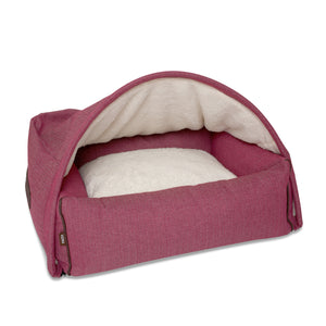 KONA CAVE® patent protected designer Snuggle Cave dog bed in dark pink herringbone fabric with leather trim.