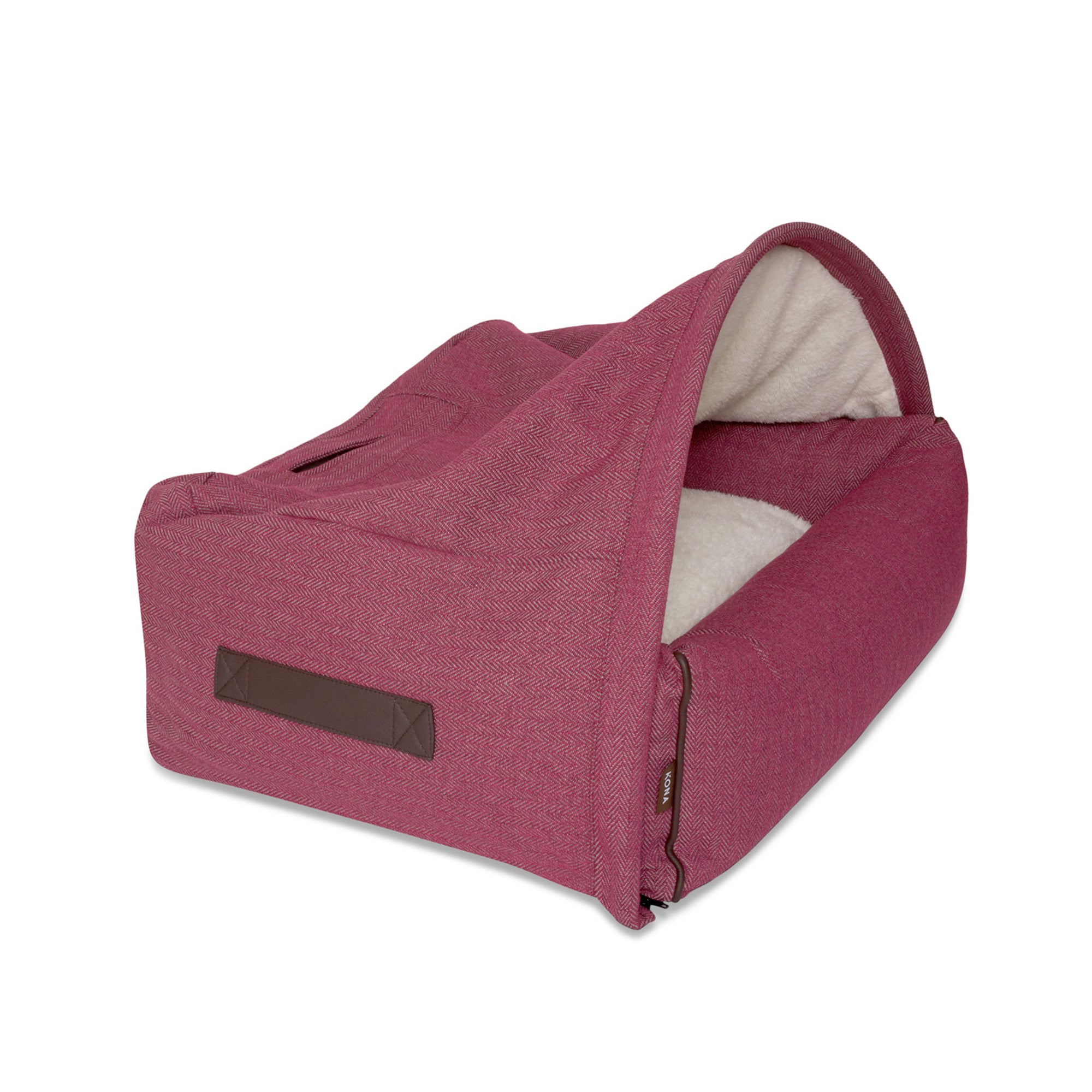 KONA CAVE® luxury Snuggle Cave dog bed in dark pink herringbone fabric for burrowing dogs.